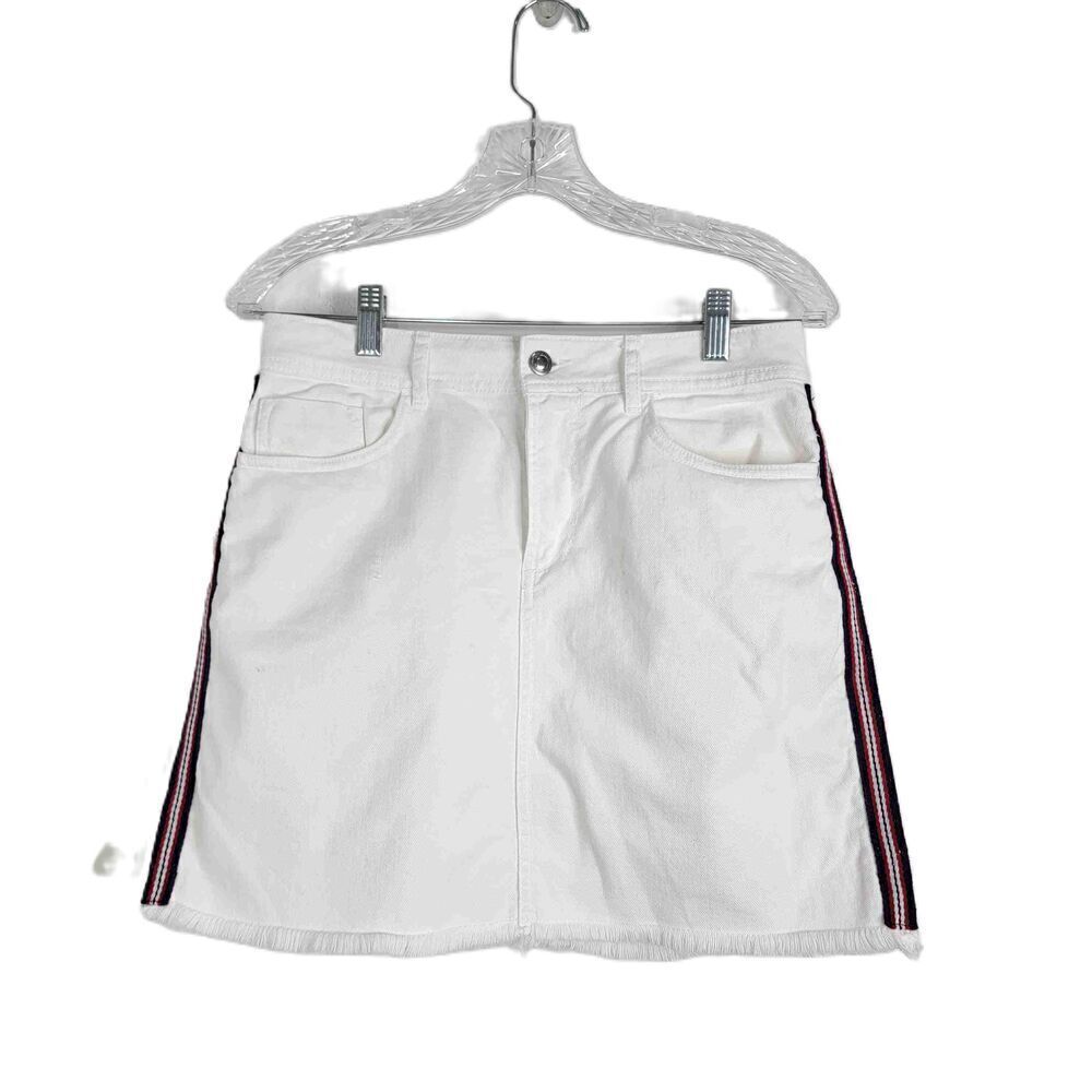 Zara Basic White Denim Mini Skirt Side Stripes Front Pockets Belt Loops Large - Picture 2 of 9